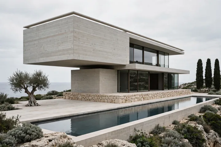 Board-formed concrete cliff house with a long rectangular reflecting pool, flat overcast light