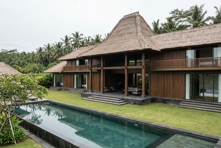 Seed frame: joglo villa positioned to the right of frame and filling most of it