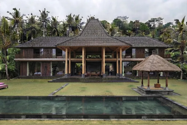 Bali joglo villa, flat overcast light, after five sequential edits — still clean