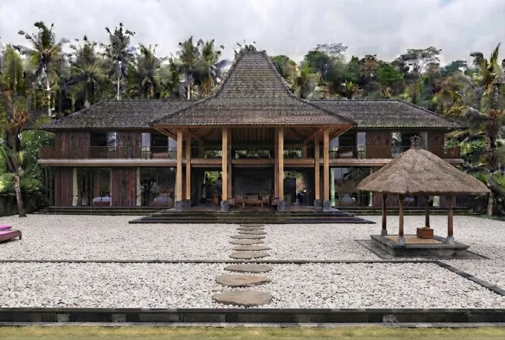 The same villa one edit later, with sharpening halos visible along the palm fronds and roofline