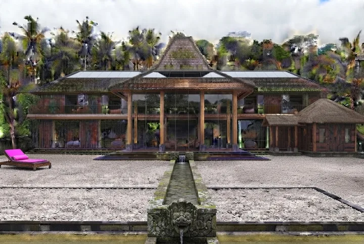 The same villa after ten edits, foliage smeared and coloured artefacts across the frame