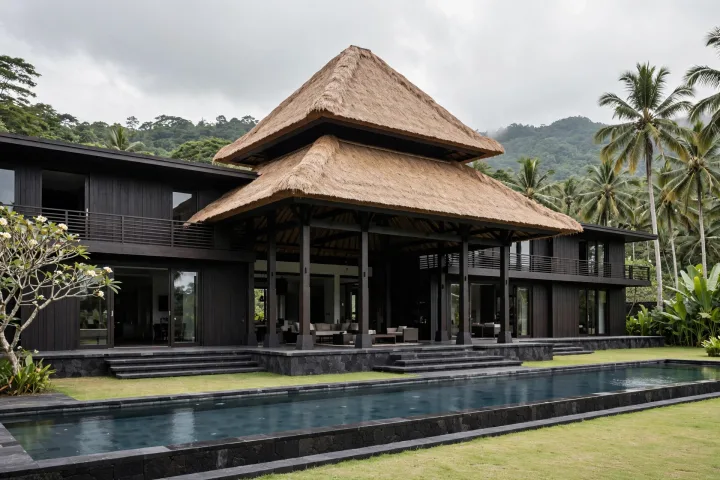 Seed frame: joglo villa with thatch roof, dark timber and a lap pool, flat overcast light