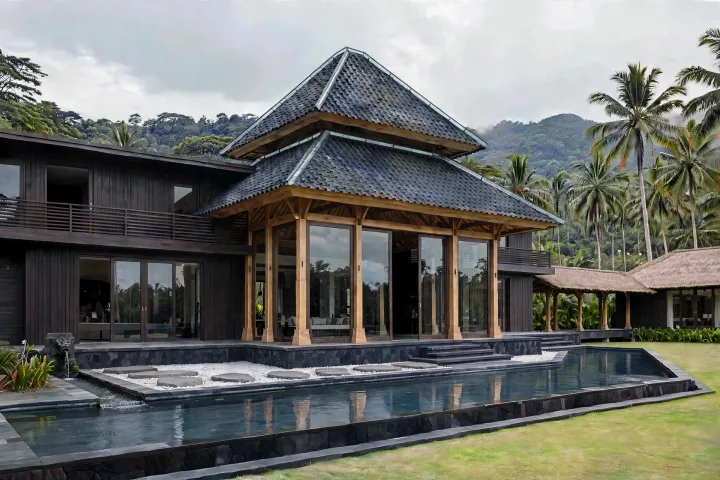 The same villa after ten edits: tiled roof, pale teak posts, glazed veranda, pebble ground and a water channel