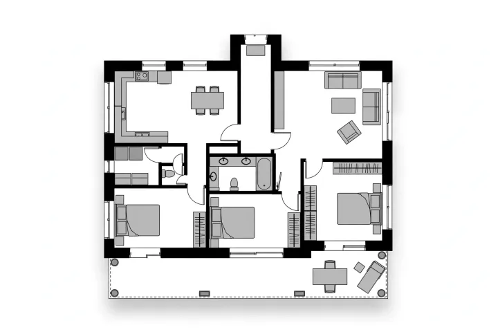Black-and-white architectural floor plan, no text, solid black walls, grey schematic furniture