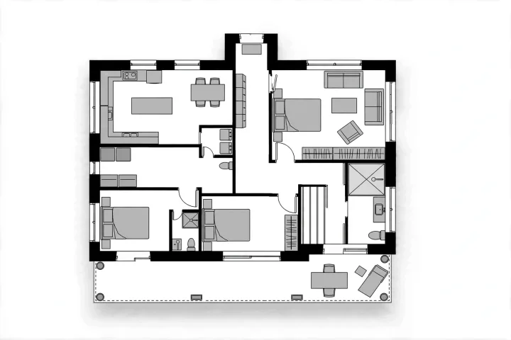 The same plan after ten edits: living and dining merged, larger kitchen, utility room, en-suite, wider hall opening, kitchen furniture added