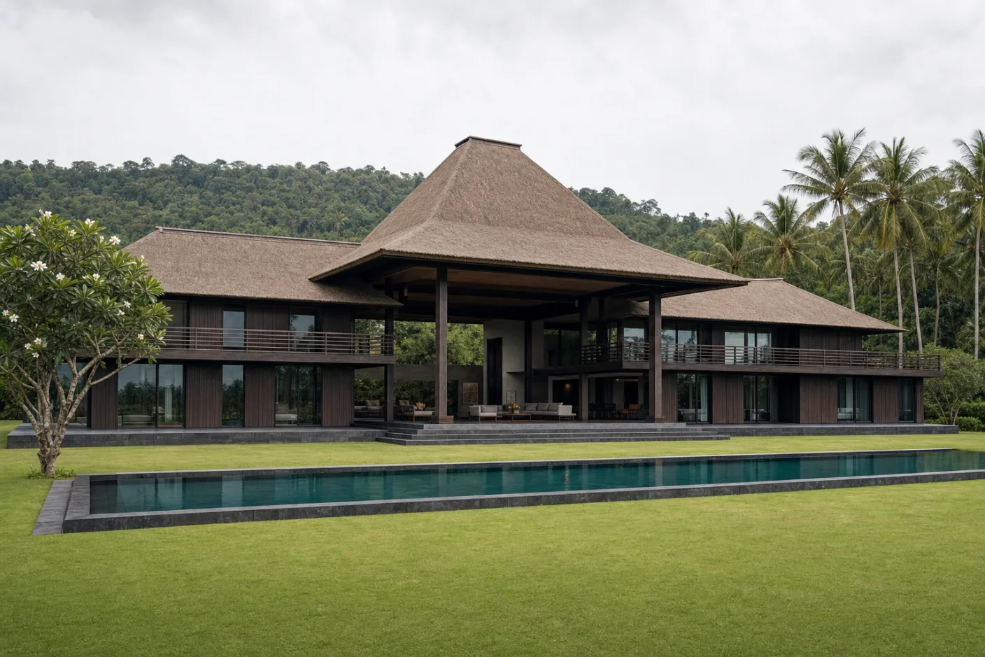 The anchor frame: a contemporary joglo villa in Bali, generated once at 1536×1024 and used as the identical starting point for every chain