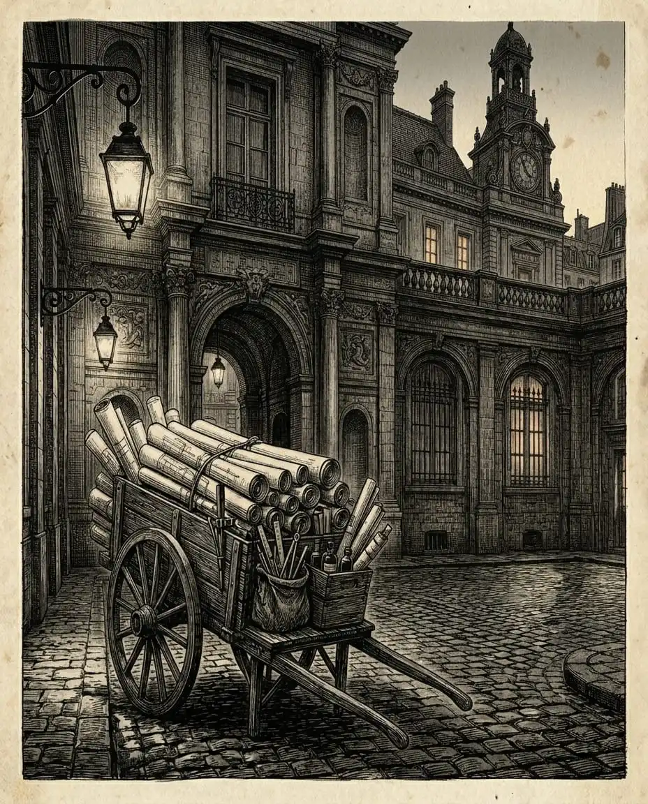 19th century charrette with architectural drawings