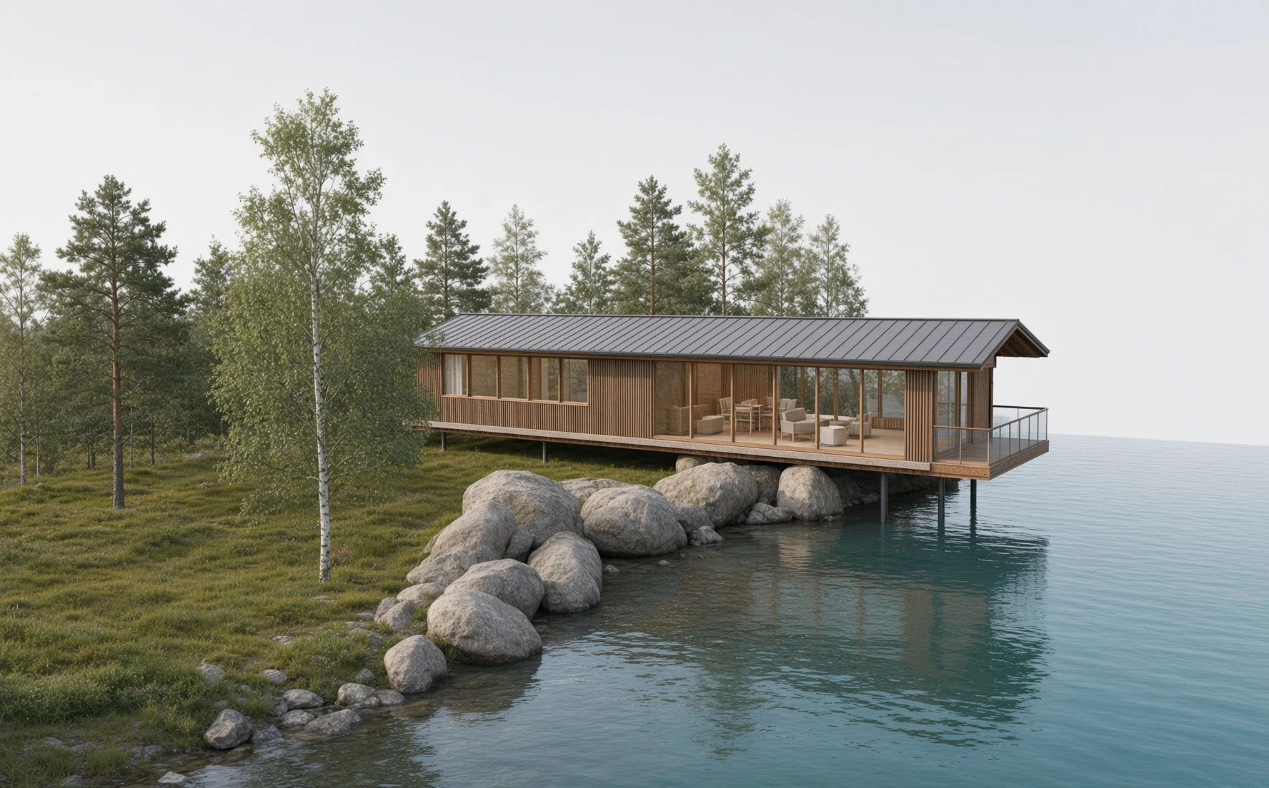Mirror Lake House — a long timber house with a standing-seam roof, cantilevered over a lake on steel columns