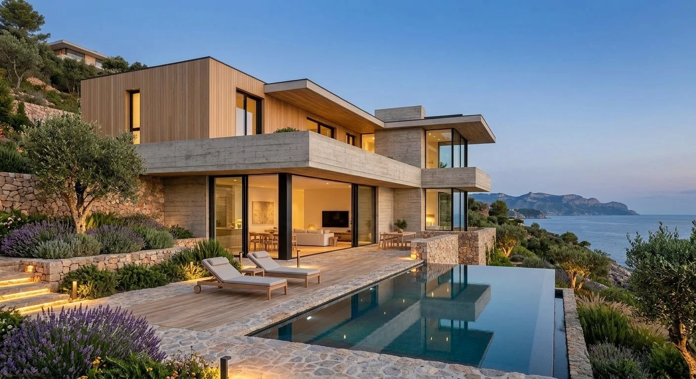 Solana at golden hour — the villa, pool and terrace with the sea beyond