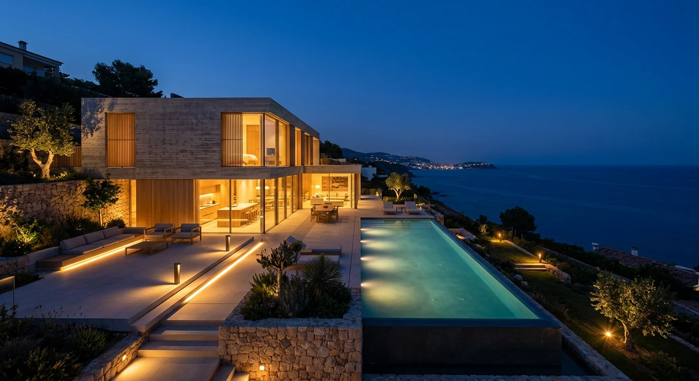 A hillside villa exterior concept rendered at dusk in Nuit, the endpoint of a single project carried across exterior, plan, and interior