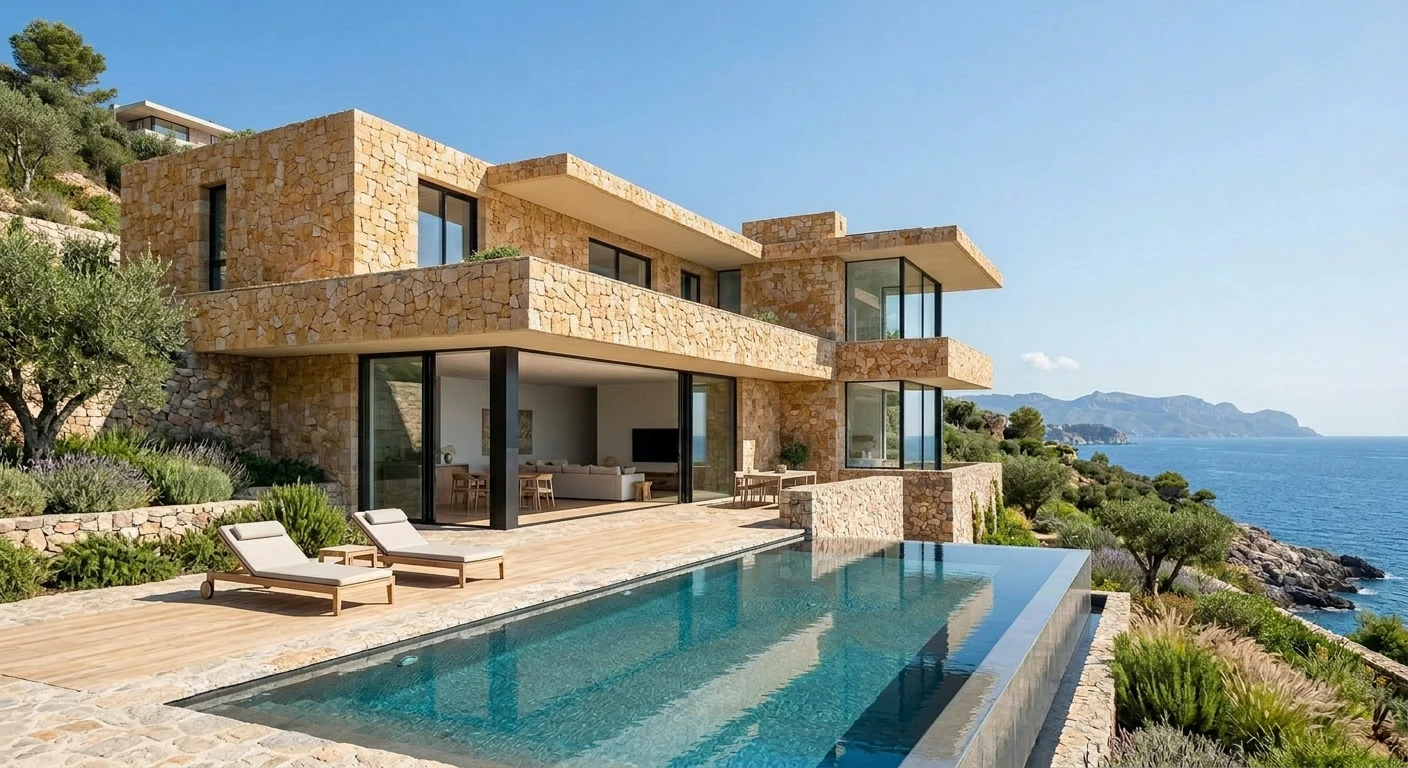 Warm natural stone cladding on the villa