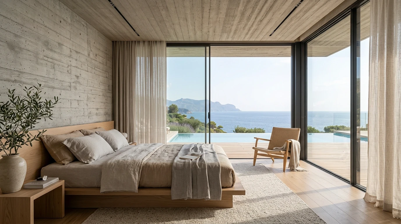 Master bedroom with a board-formed concrete feature wall and sea view