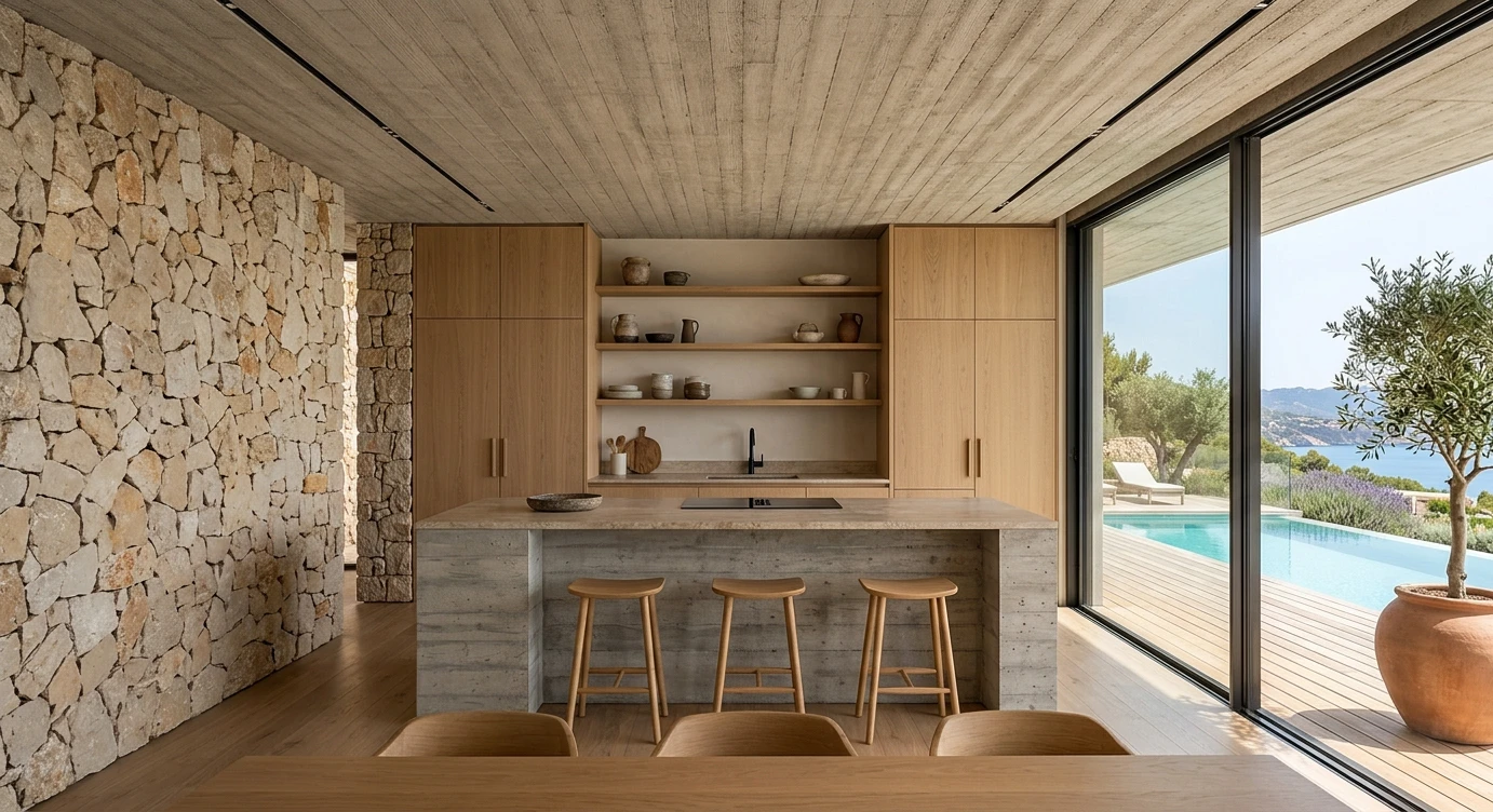 Kitchen with light oak joinery and a board-formed concrete island