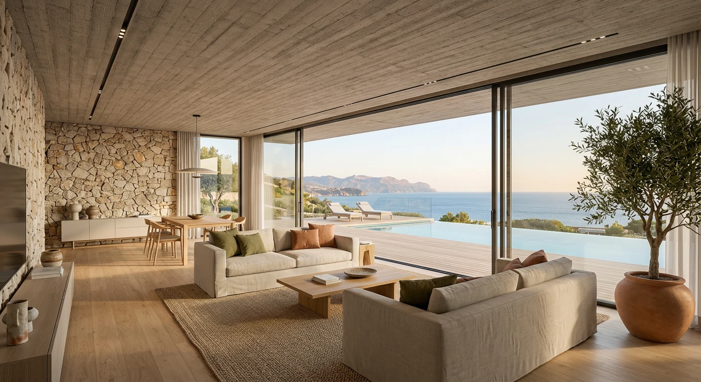 Open-plan living and dining room with concrete soffit, stone wall and sea view