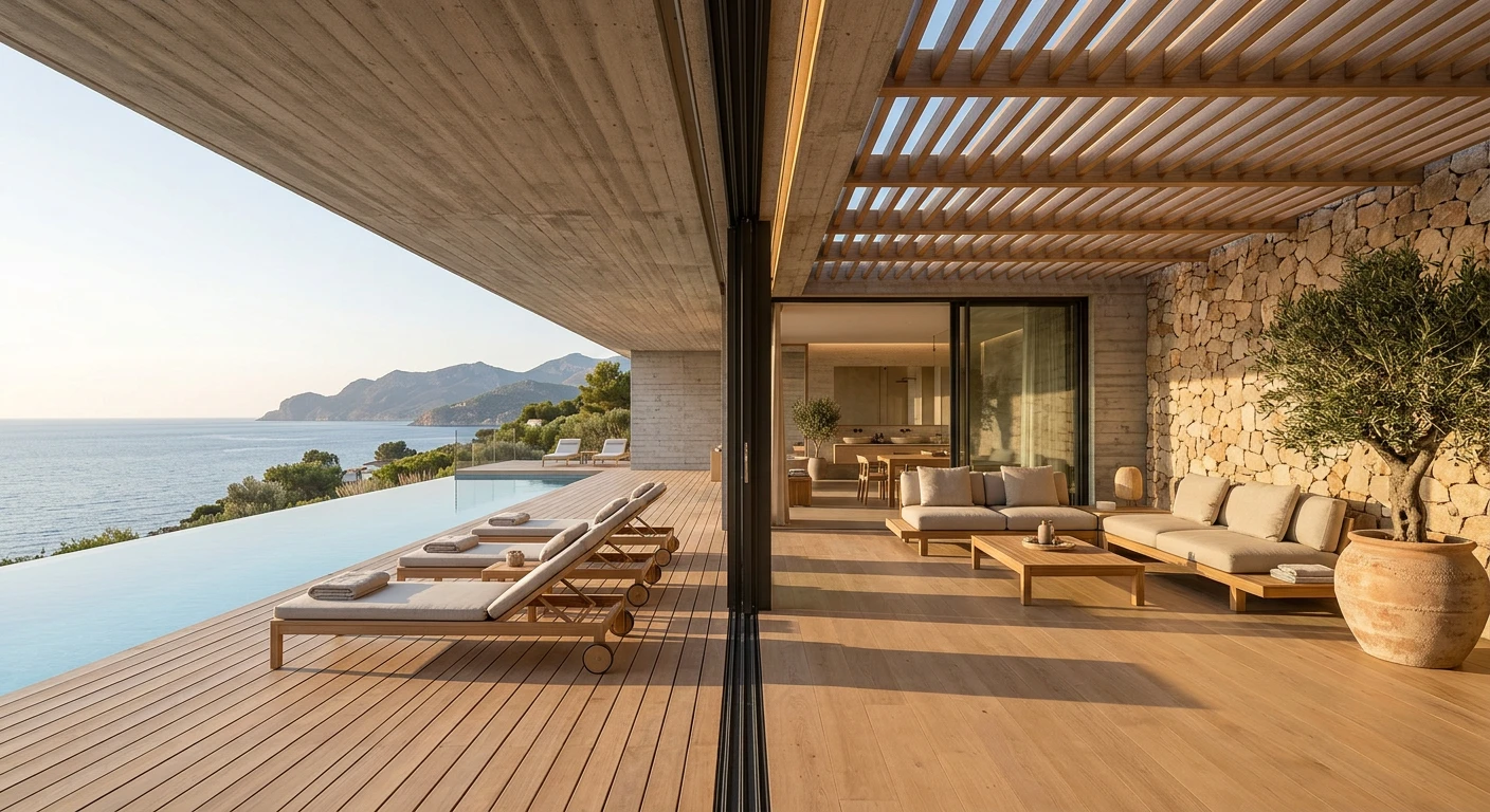 Covered pool terrace with a slatted oak pergola and stone wall
