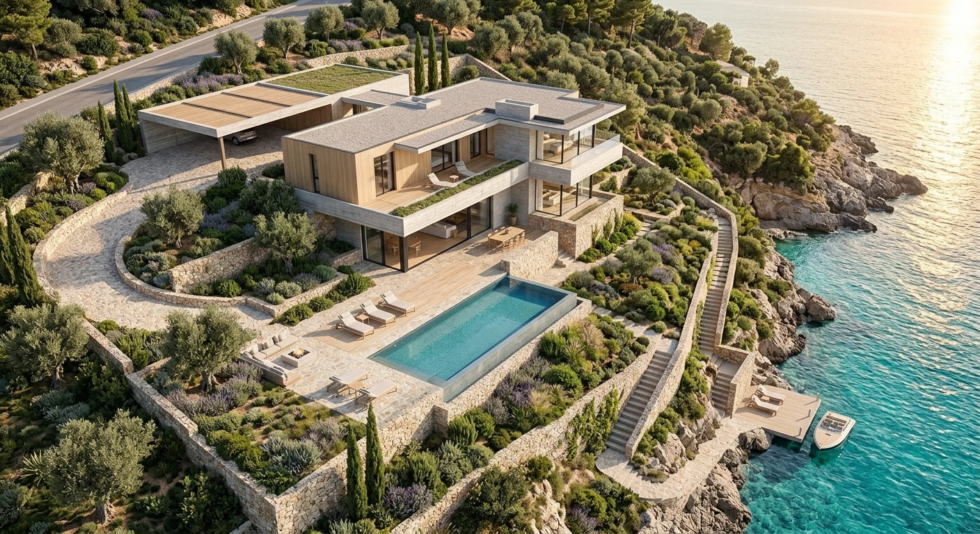 Aerial masterplan of the villa on its coastal plot