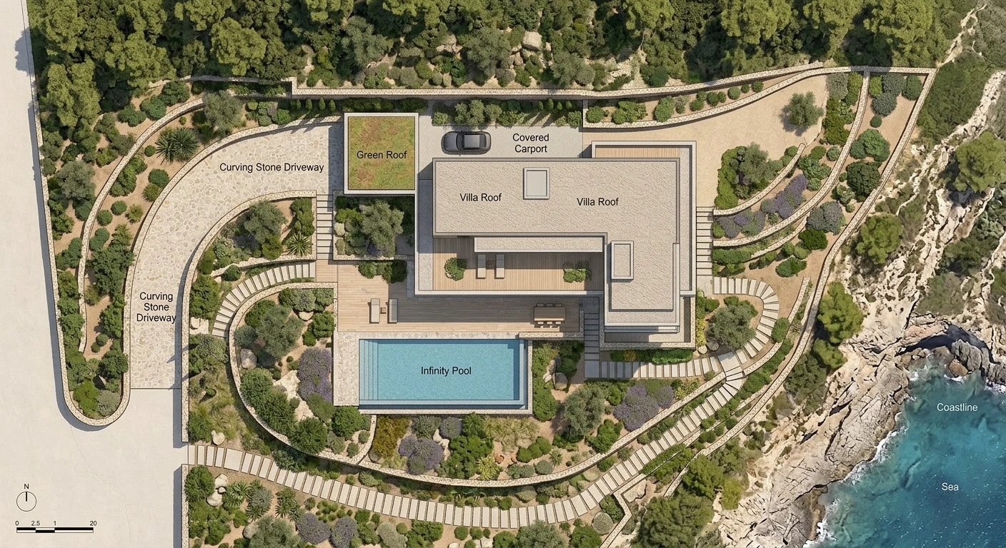 Top-down orthographic site plan with labelled elements and a north arrow