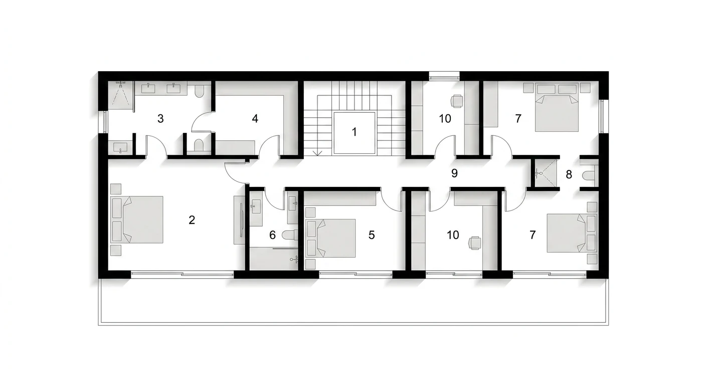 Keyed black-and-white plan of the villa's first floor