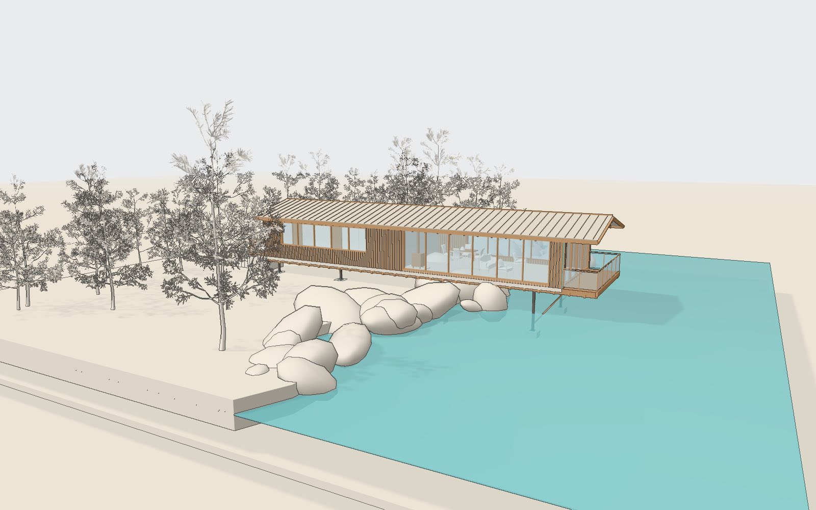 Mirror Lake House — a long single-storey house in charred larch cantilevered over a lake on steel columns, generated in Nuit